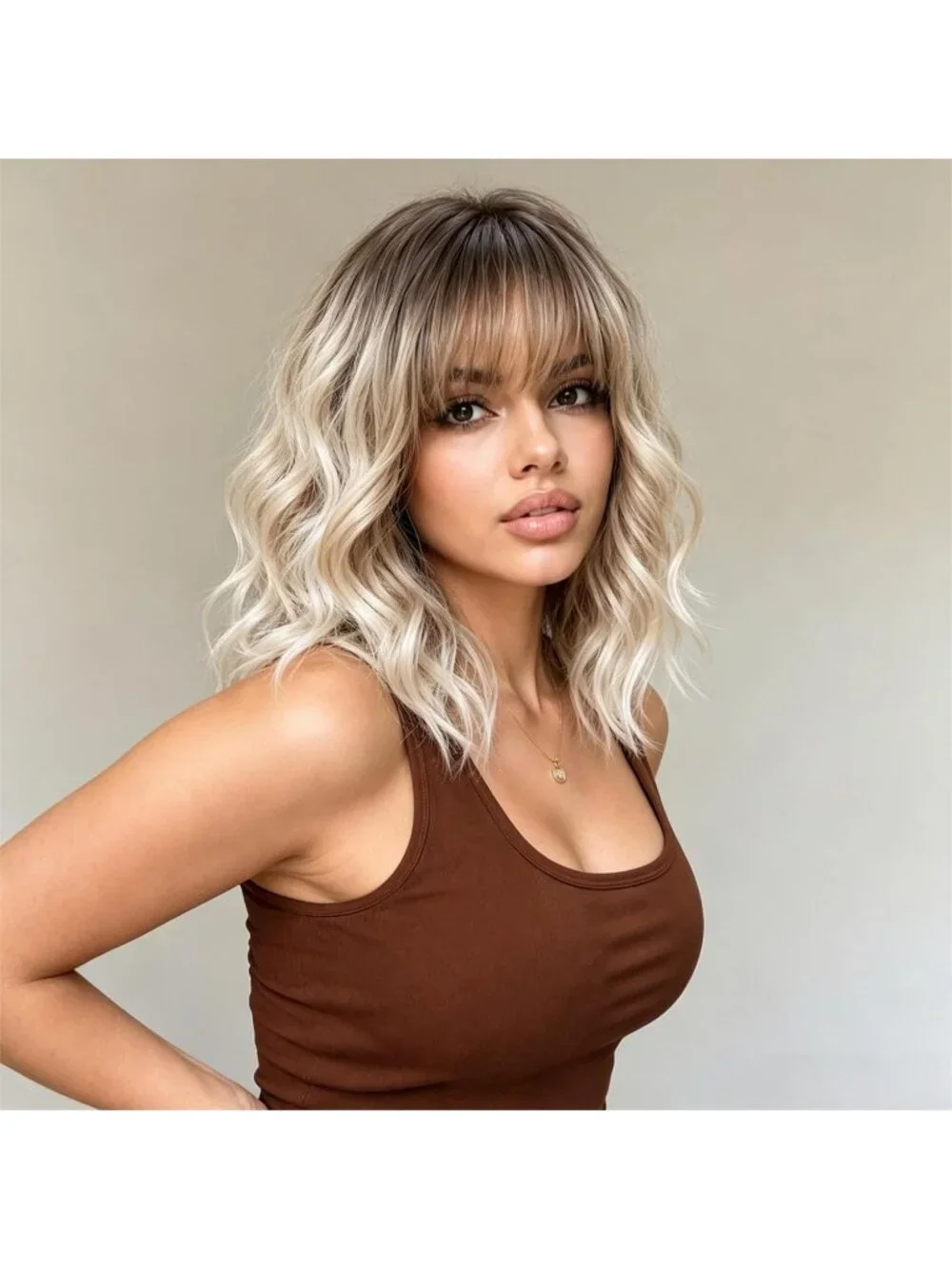 Women's Ombre Blonde 16 Inch Wavy Wig With Bangs Shoulder Length Synthetic Hair